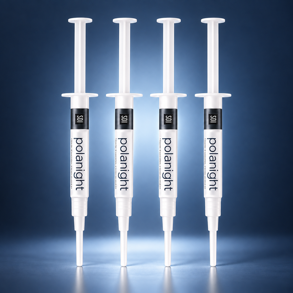 4 SDI PolaNight teeth whitening gel syringes with a soft blue studio glow