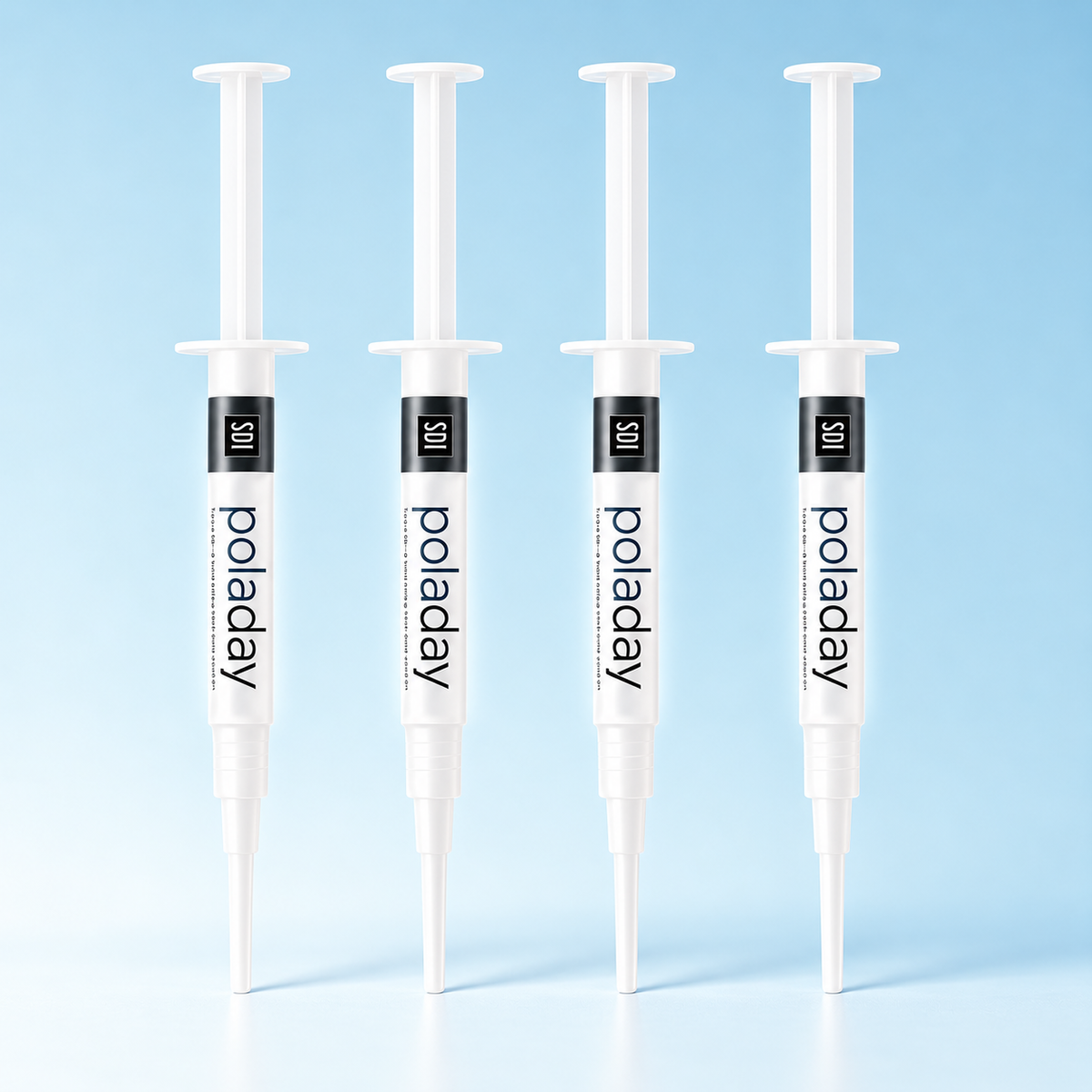 SDI PolaDay teeth whitening gel, 4 syringes on a pale blue background