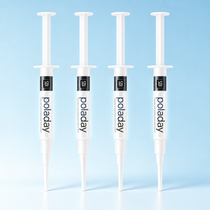 SDI PolaDay teeth whitening gel, 4 syringes on a pale blue background