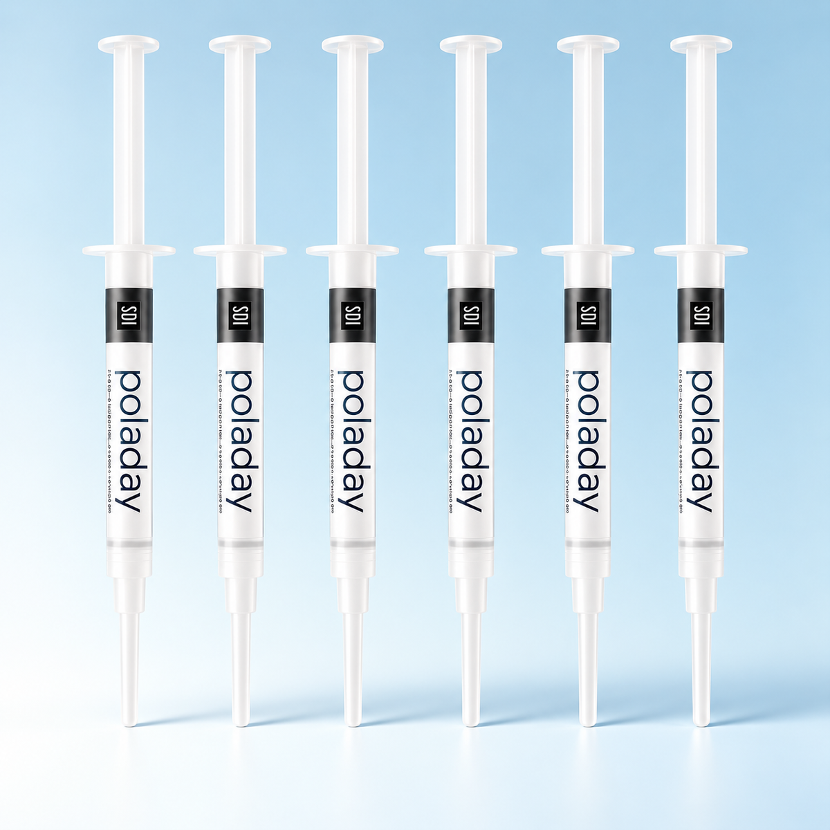 SDI PolaDay teeth whitening gel, 6 syringes on a pale blue background