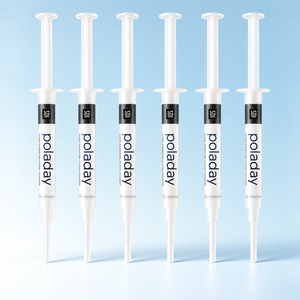 SDI PolaDay teeth whitening gel, 6 syringes on a pale blue background