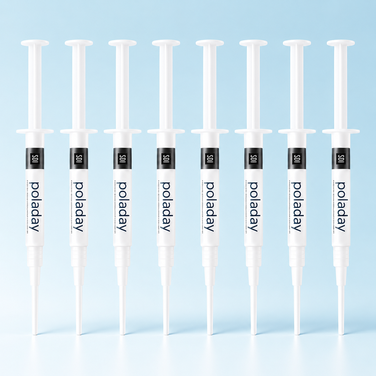 SDI PolaDay teeth whitening gel, 8 syringes on a pale blue background