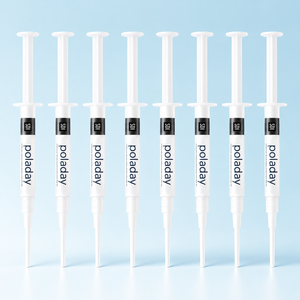SDI PolaDay teeth whitening gel, 8 syringes on a pale blue background